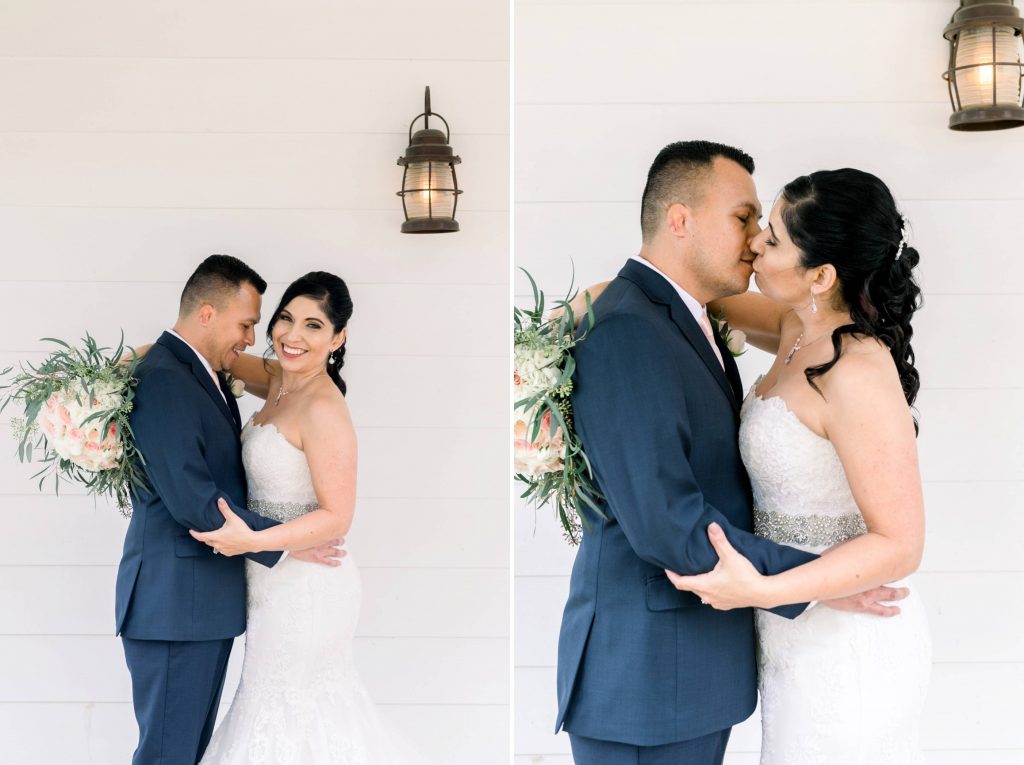 bride and groom first look and kissing Lakehouse Resort San Marcos Rachel and Steven Temecula California wedding engagement photography Carrie McGuire photographer California