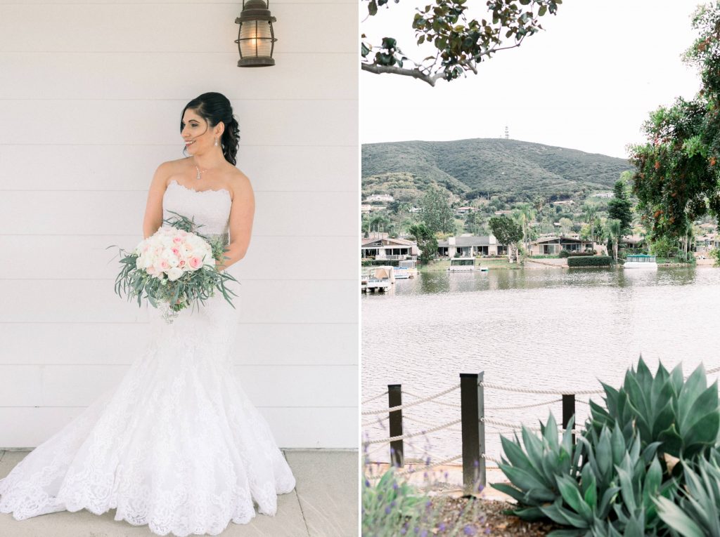 bride and bouquet and lake side view Lakehouse Resort San Marcos Rachel and Steven Temecula California wedding engagement photography Carrie McGuire photographer California