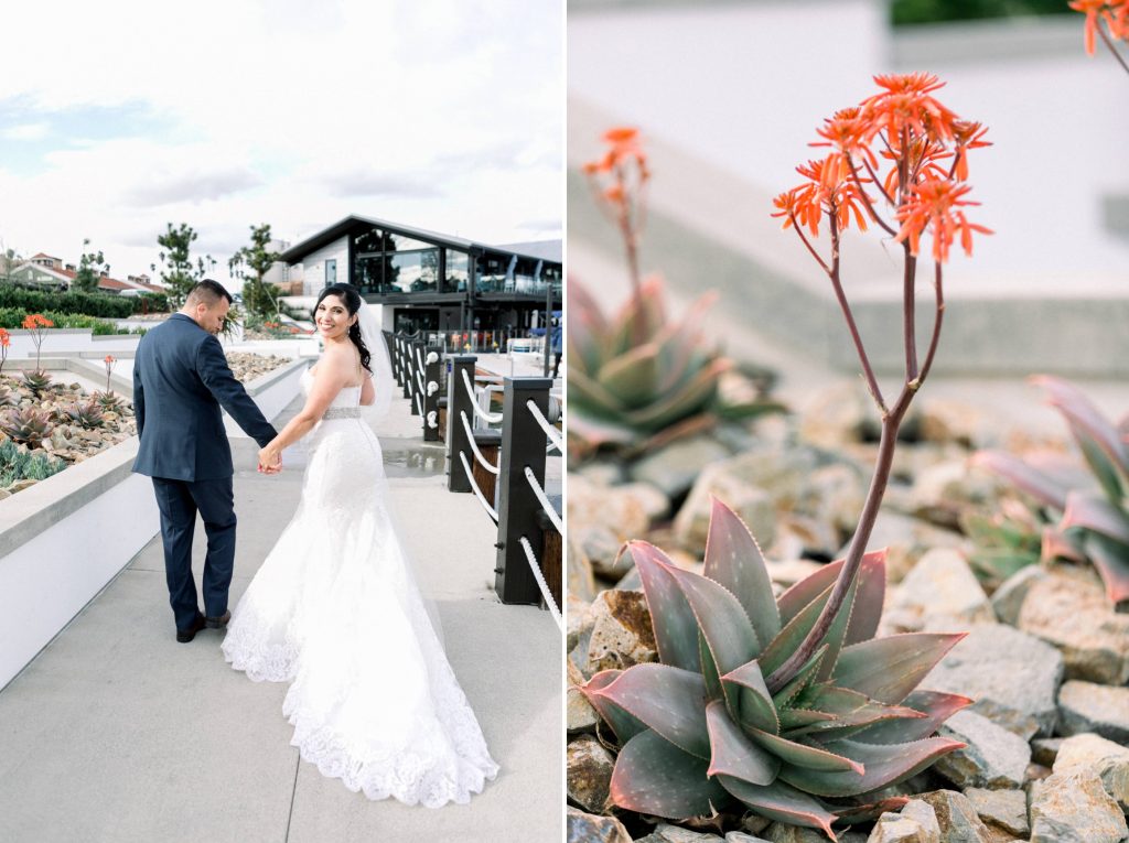 bride and groom walking together to the lake flowers and plant details Lakehouse Resort San Marcos Rachel and Steven Temecula California wedding engagement photography Carrie McGuire photographer California