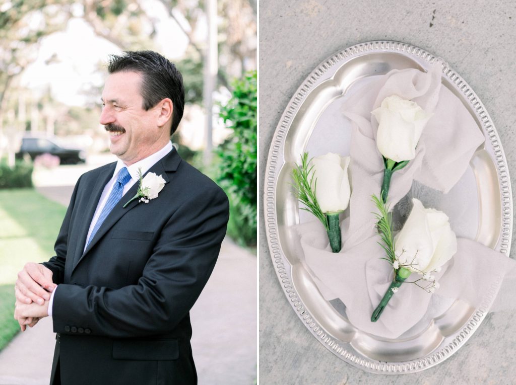 groom laughing and boutonnieres Magee park wedding in Carlsbad california Cynthia and james wedding engagement photography Carrie McGuire photographer 
