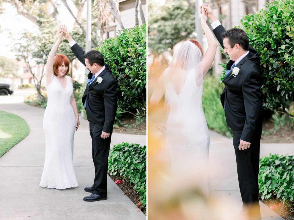 bride and groom dancing during their first look Magee park wedding in Carlsbad California Cynthia and James wedding engagement photography Carrie McGuire photographer 