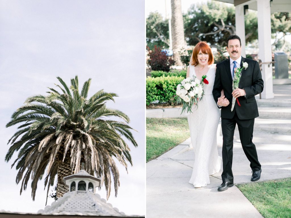 palm trees and happy couple Magee park wedding in Carlsbad California Cynthia and James wedding engagement photography Carrie McGuire photographer 