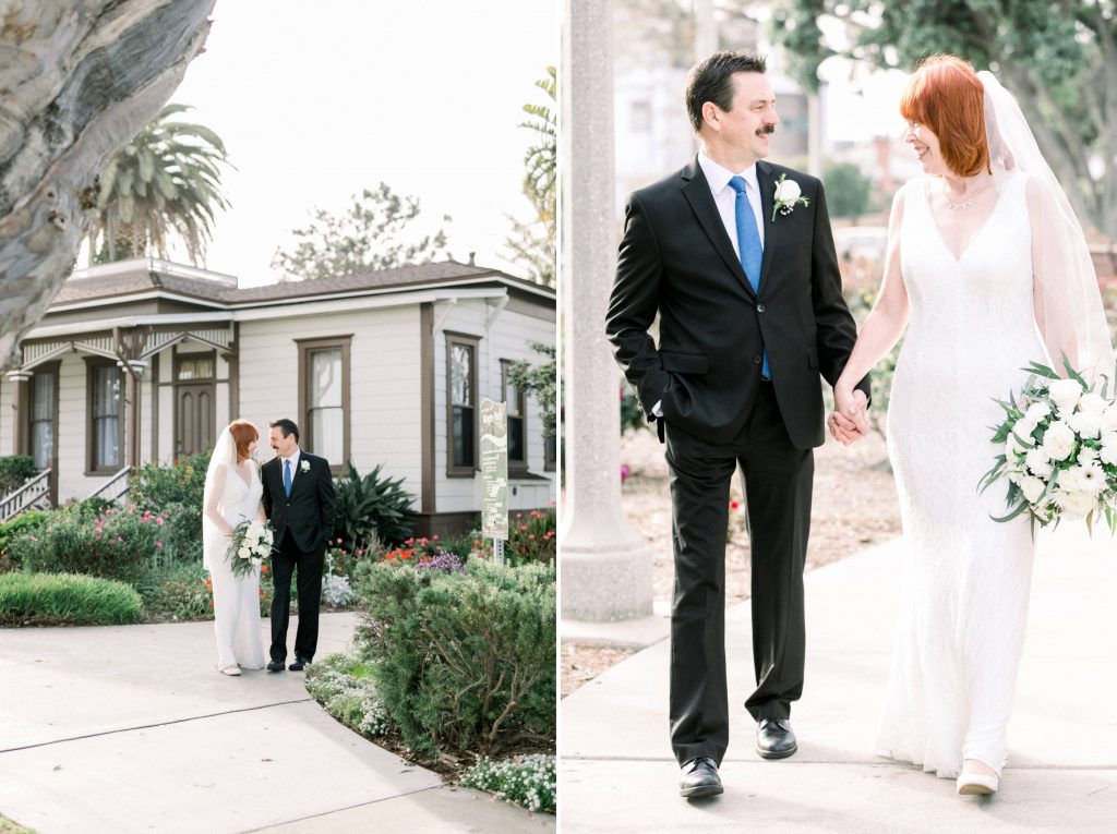 groom and bride walking hand in hand together outside of Magee park wedding in Carlsbad California Cynthia and James wedding engagement photography Carrie McGuire photographer 
