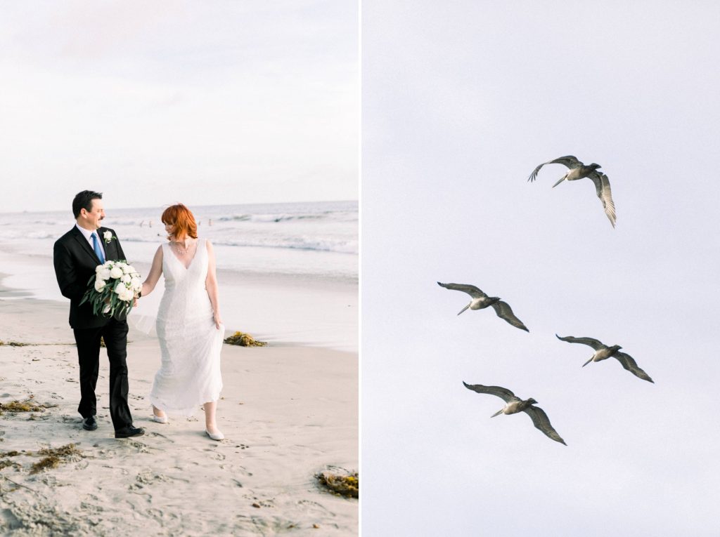 bride and groom walking on the beach together Magee park wedding in Carlsbad California Cynthia and James wedding engagement photography Carrie McGuire photographer 