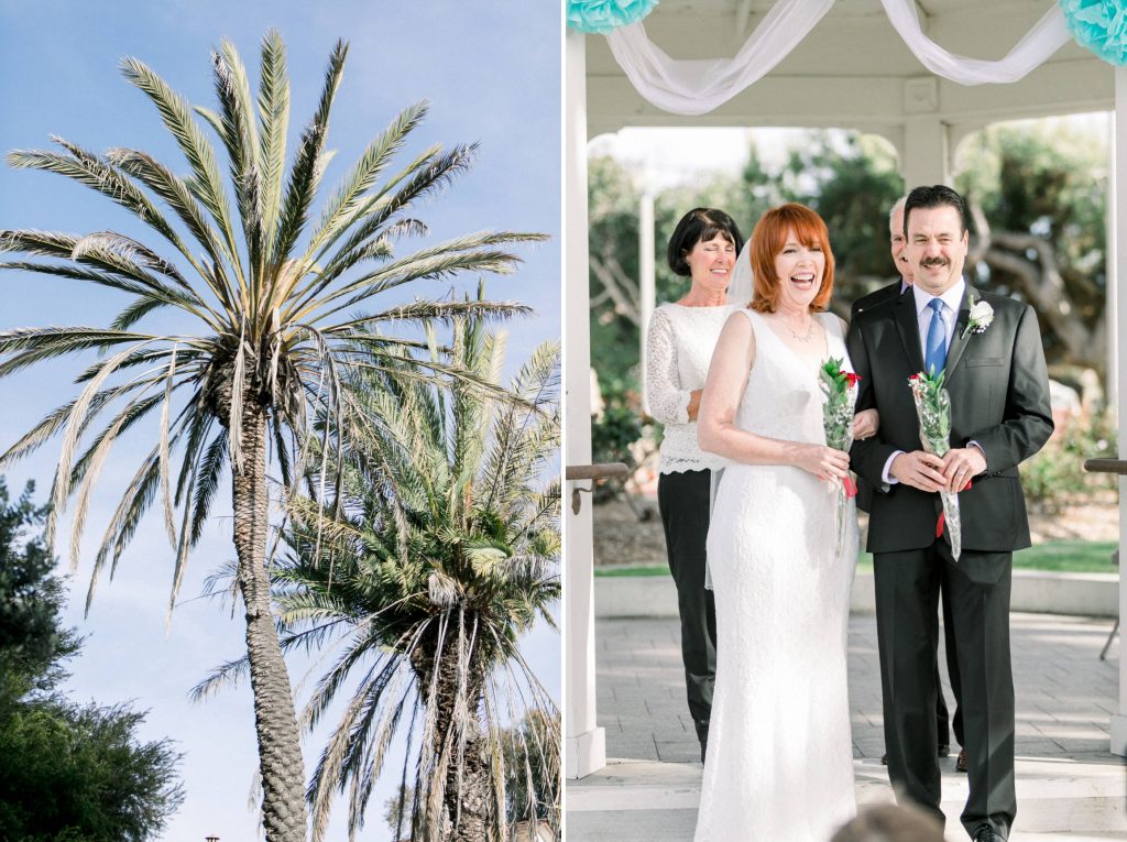 beautiful palm trees and newly married bride and groom Magee park wedding in Carlsbad California Cynthia and James wedding engagement photography Carrie McGuire photographer 
