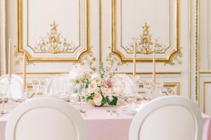 French wedding table scape for european destination wedding at hotel d'evreux