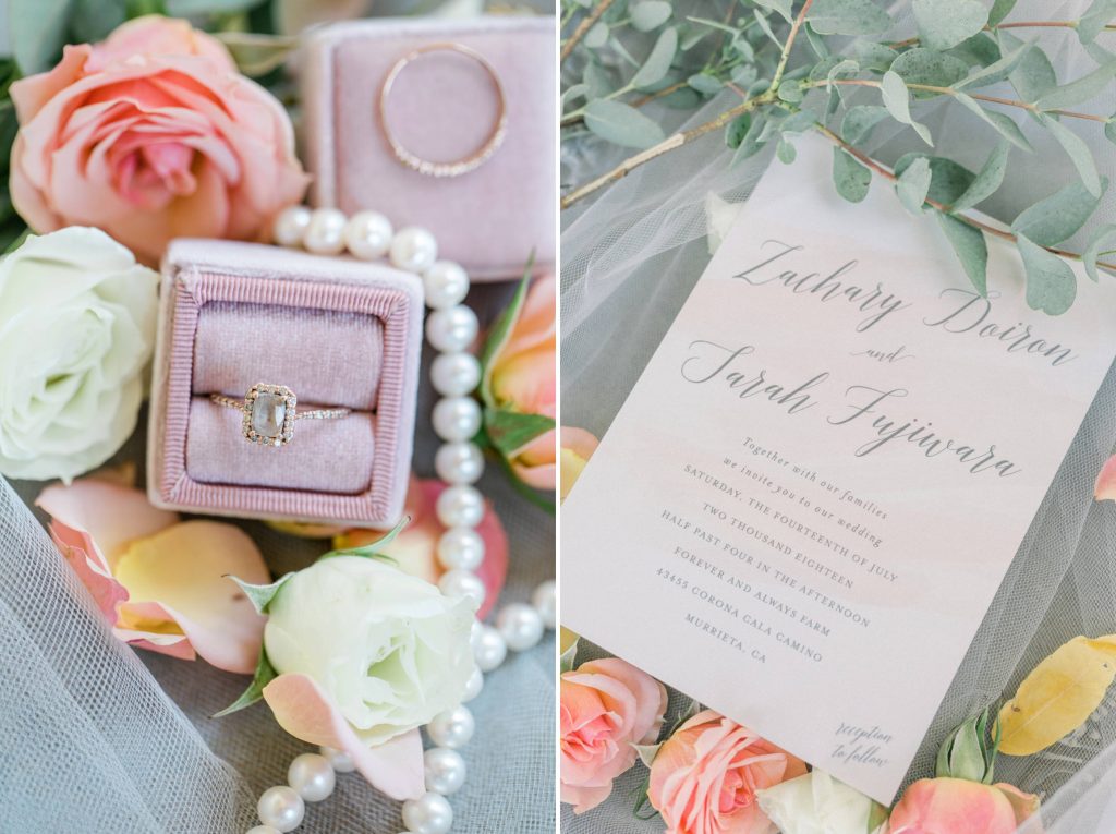 wedding invitations and rings flat lay wedding details