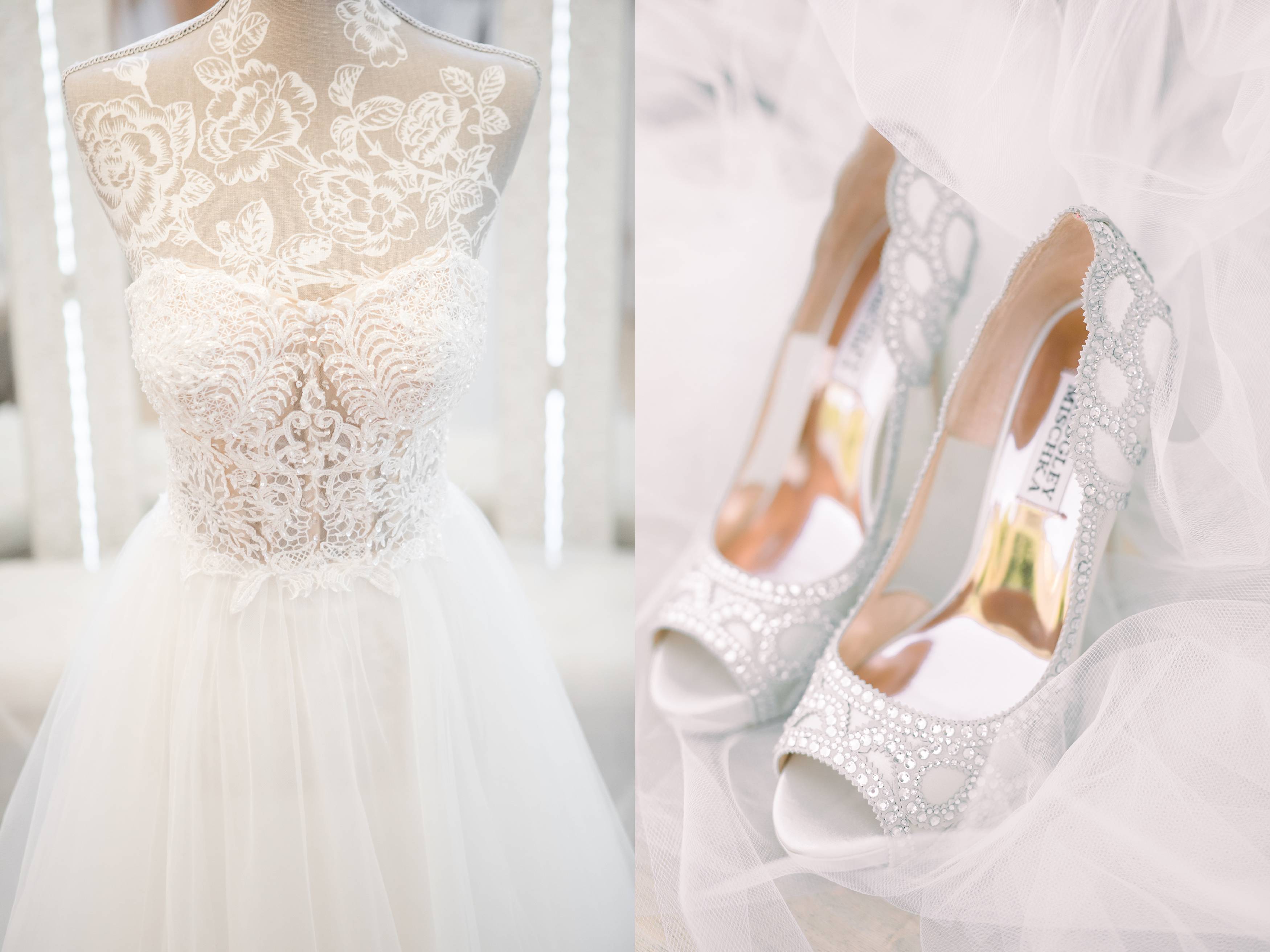 Wedding gown and mischka badgley wedding shoes