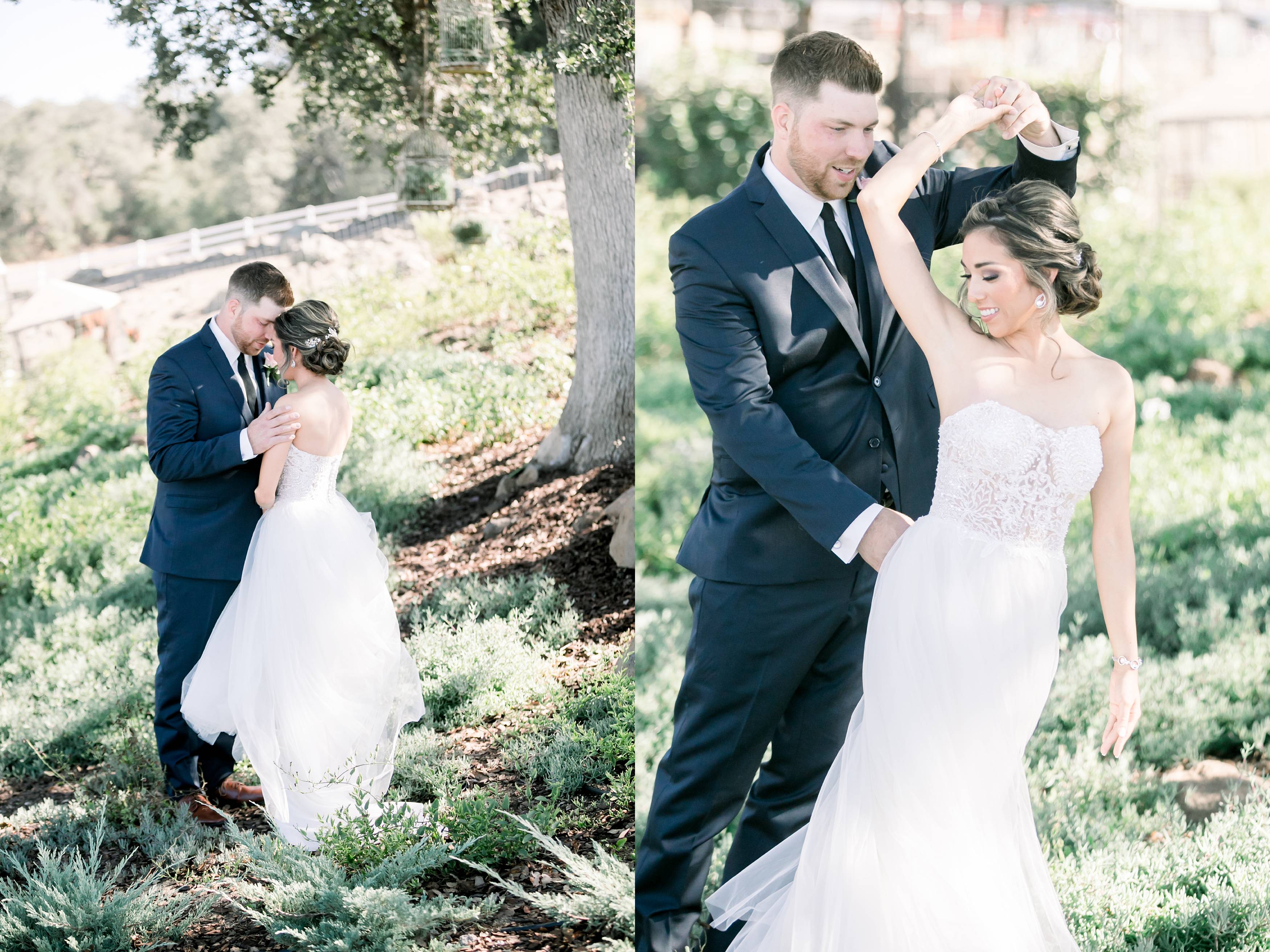 Bride and groom dancing in the garden at Forever and Always Farm wedding venue in Temecula California