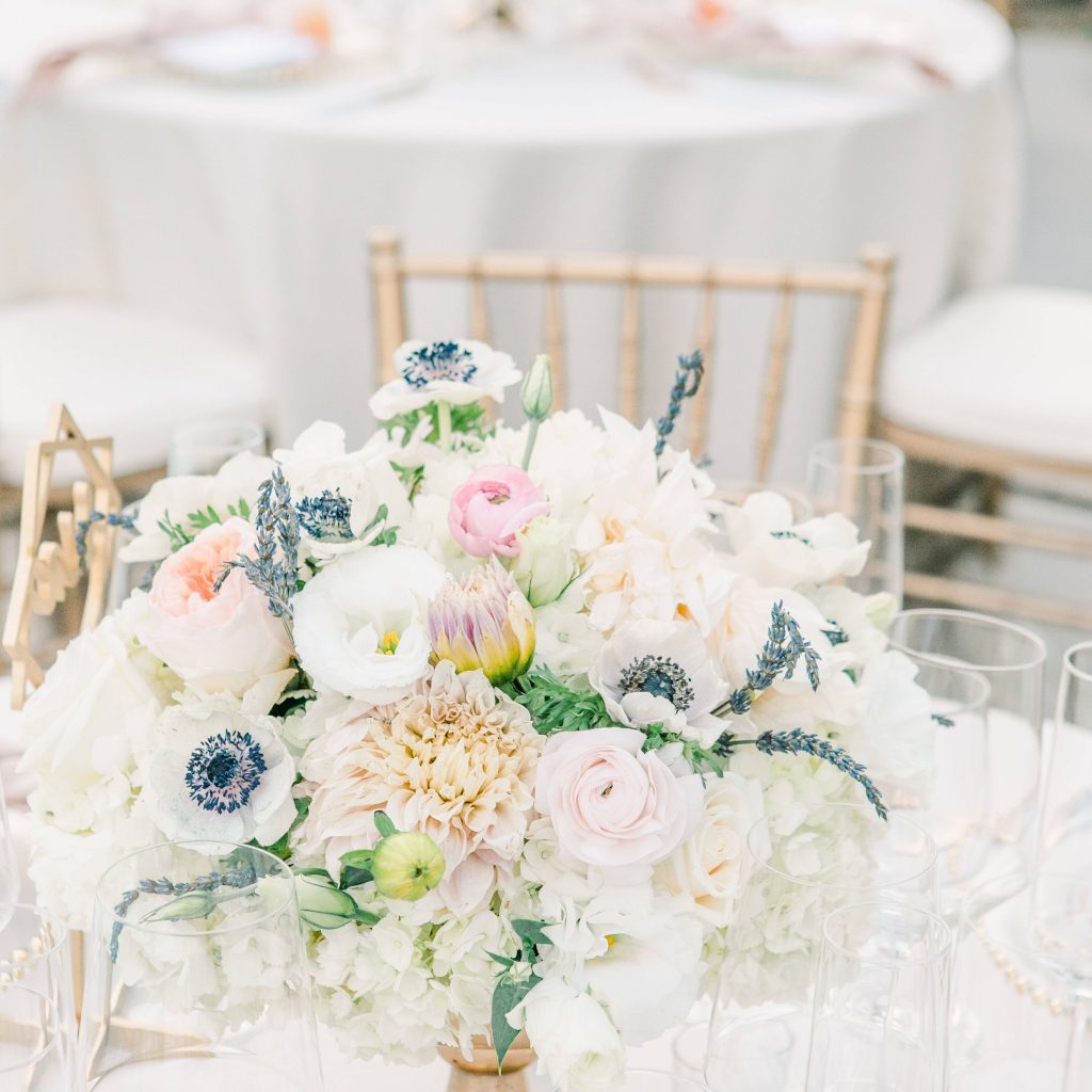 Wedding centerpieces with david austin rose white anemone white roses and dahlias